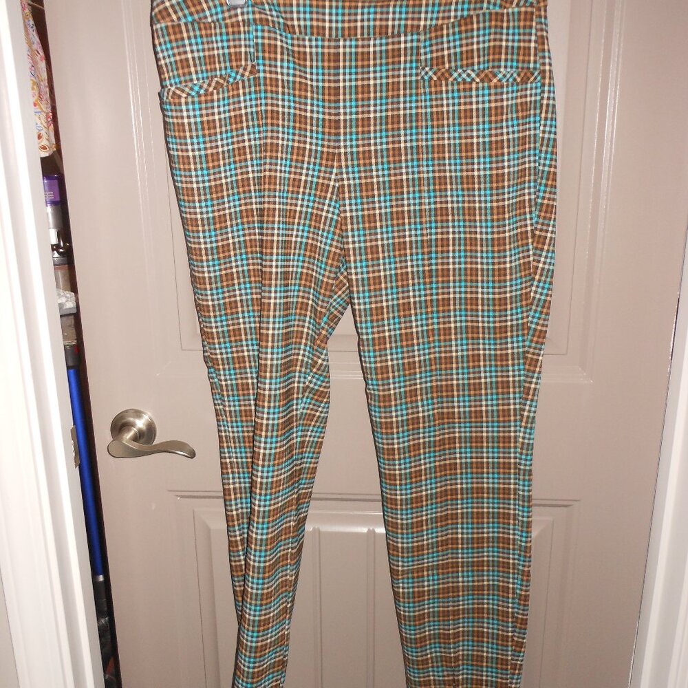 Cato Brown & Turquoise Plaid Ankle Pants, Size 16, Mid Rise